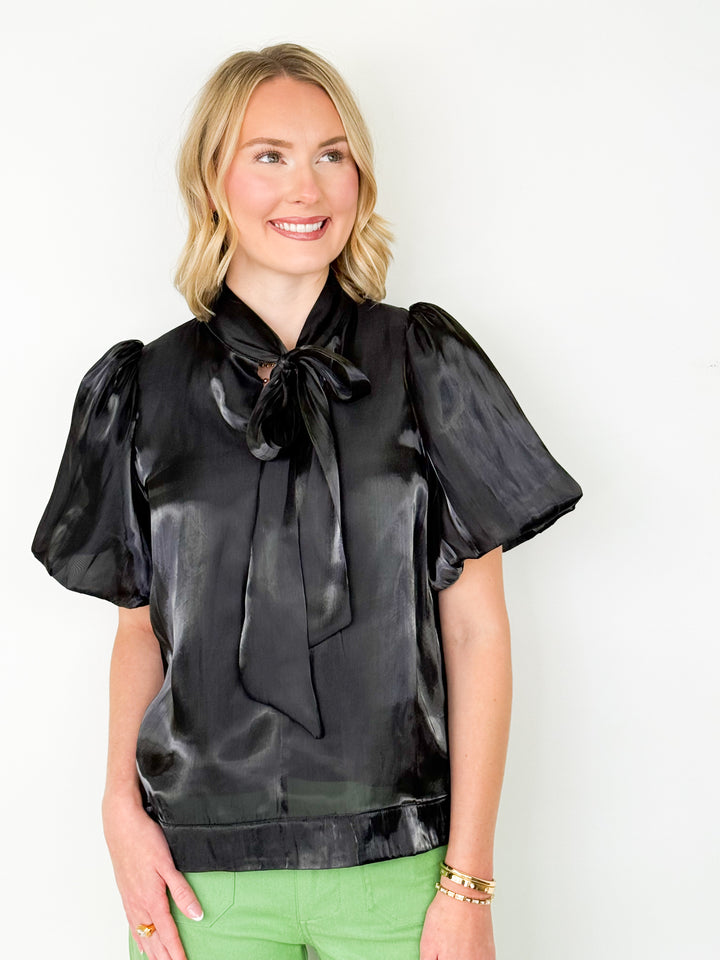 Lauryn - Black Puff Sleeve Bow Top