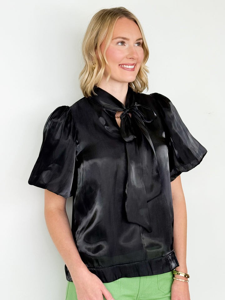 Lauryn - Black Puff Sleeve Bow Top