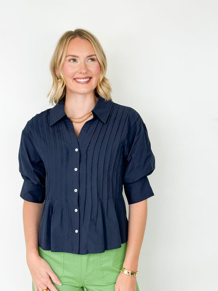 Avery - Pintuck Button Down Blouse (Navy)