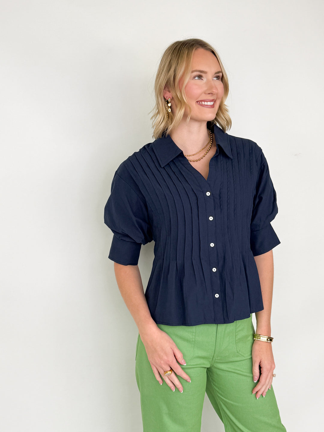 Avery - Pintuck Button Down Blouse (Navy)