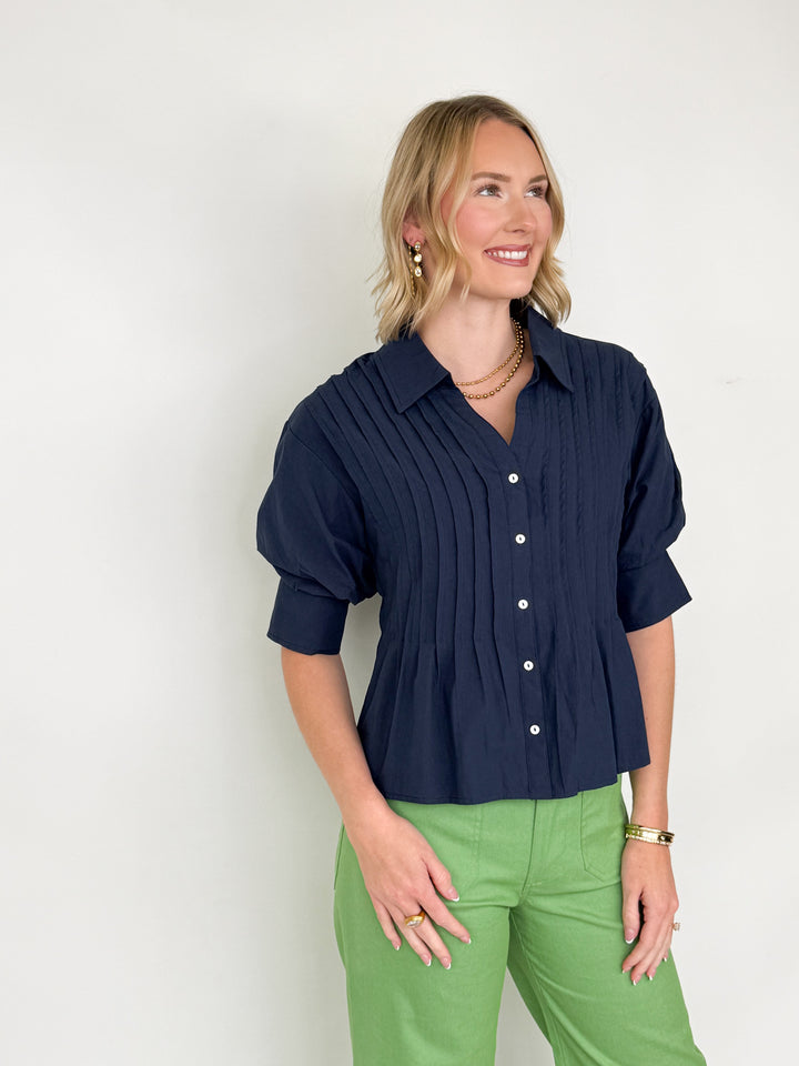 Avery - Pintuck Button Down Blouse (Navy)