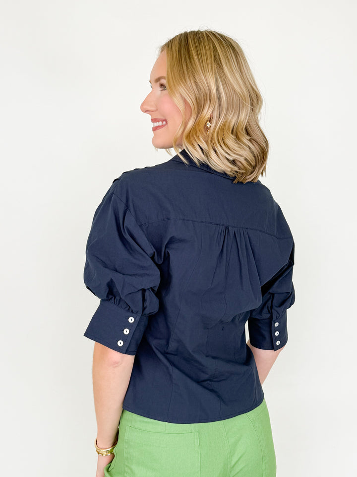 Avery - Pintuck Button Down Blouse (Navy)