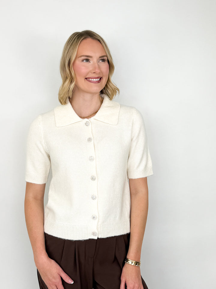 Peyton - Rhinestone Button Cardigan (Cream)