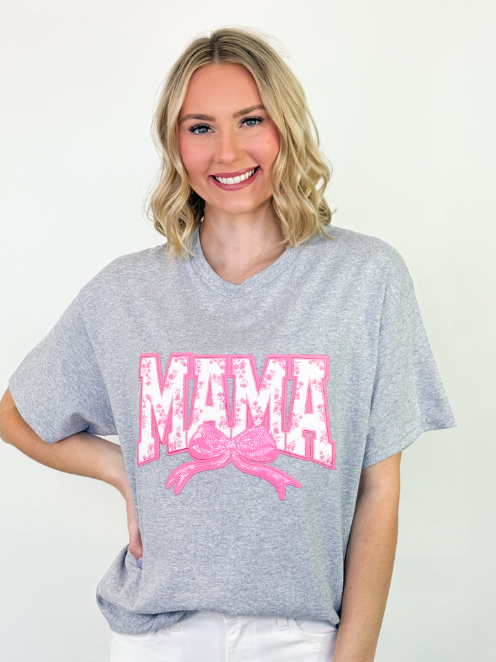 MAMA Pink Floral Patch w/ Bow Graphic Tee (Grey)