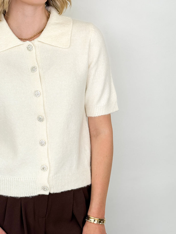 Peyton - Rhinestone Button Cardigan (Cream)