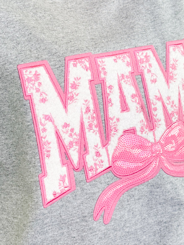 MAMA Pink Floral Patch w/ Bow Graphic Tee (Grey)