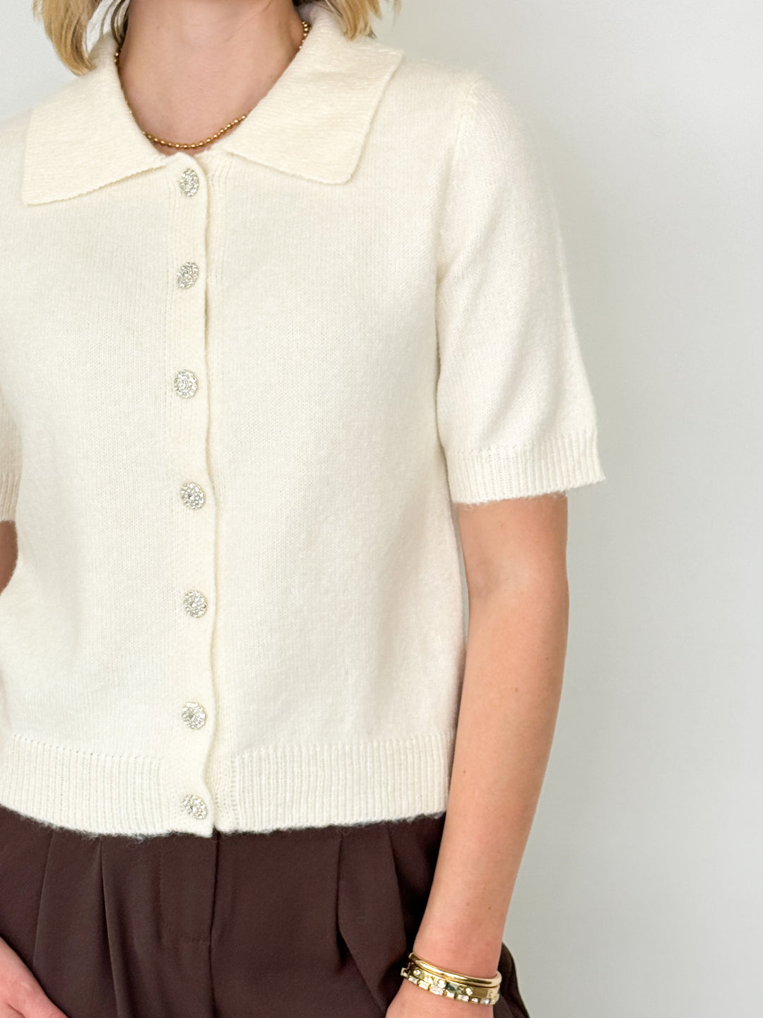 Peyton - Rhinestone Button Cardigan (Cream)