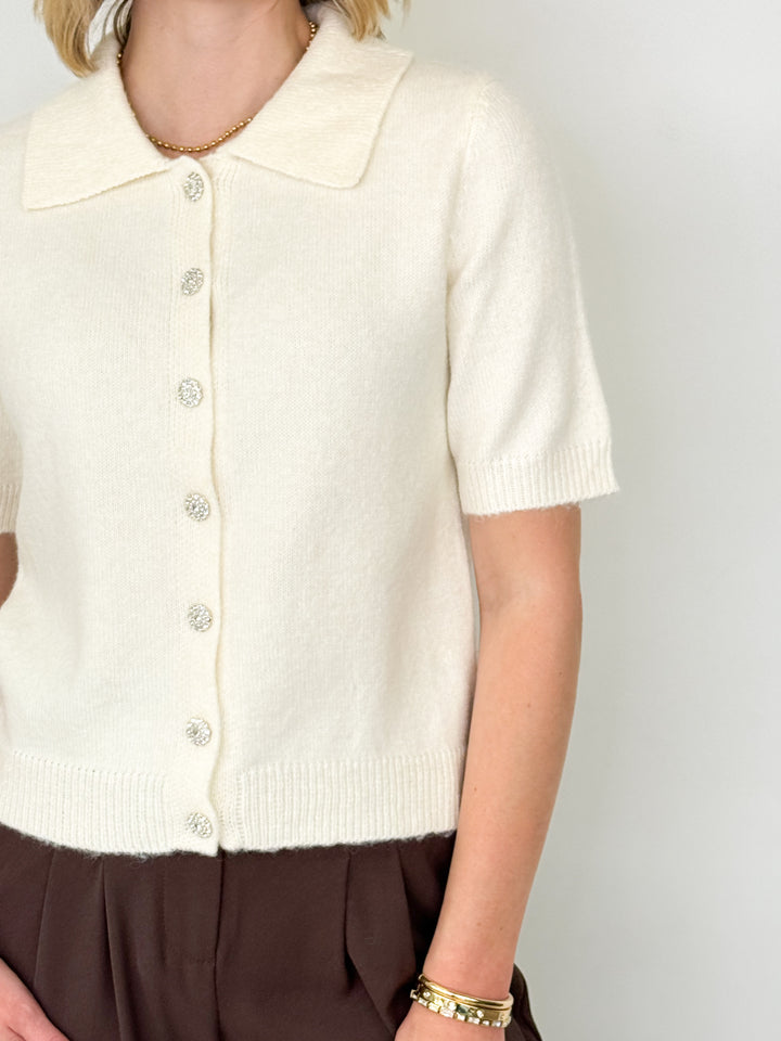 Peyton - Rhinestone Button Cardigan (Cream)