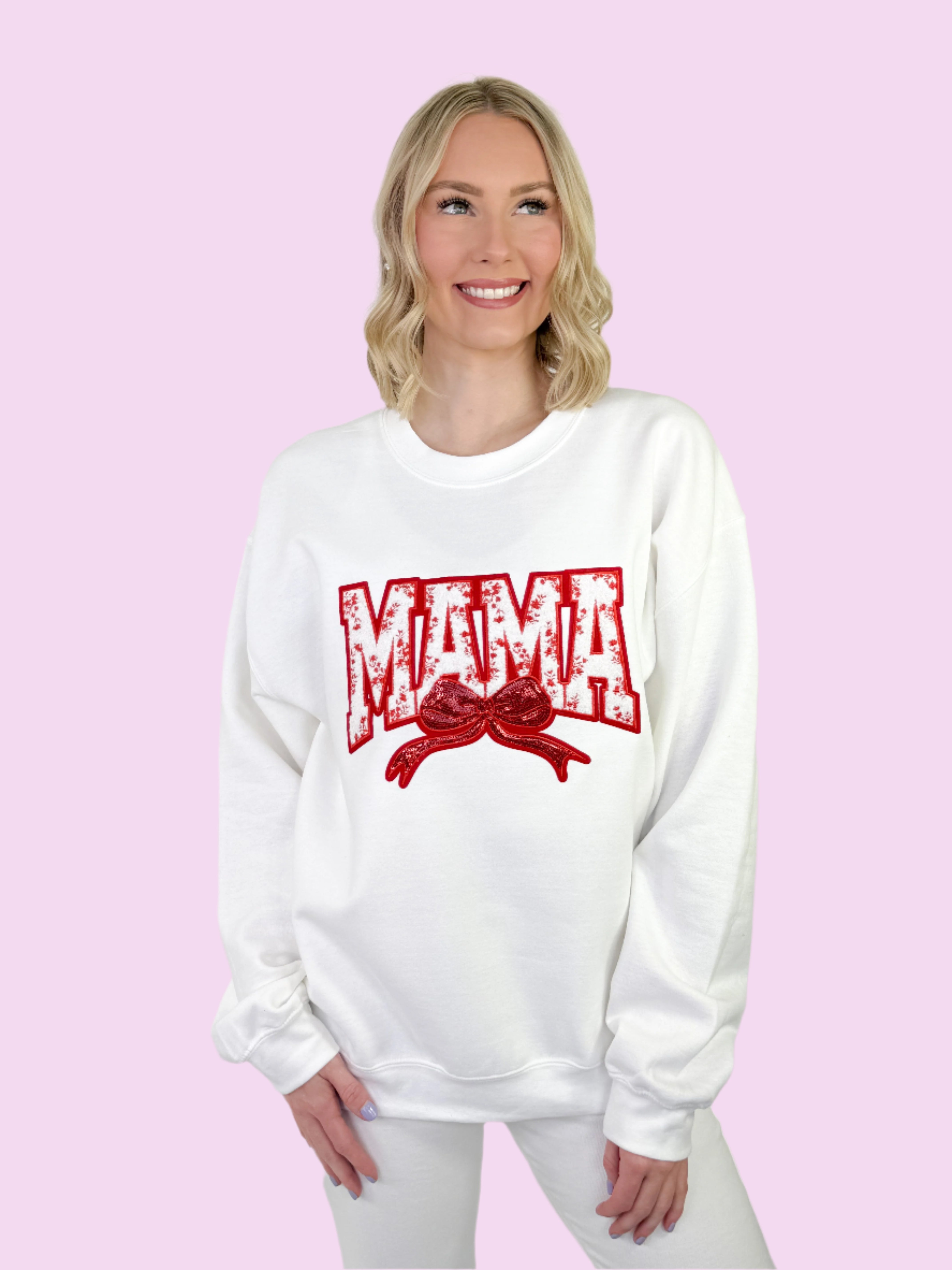 MAMA Red Floral Patch w/ Bow Graphic Sweatshirt (White)