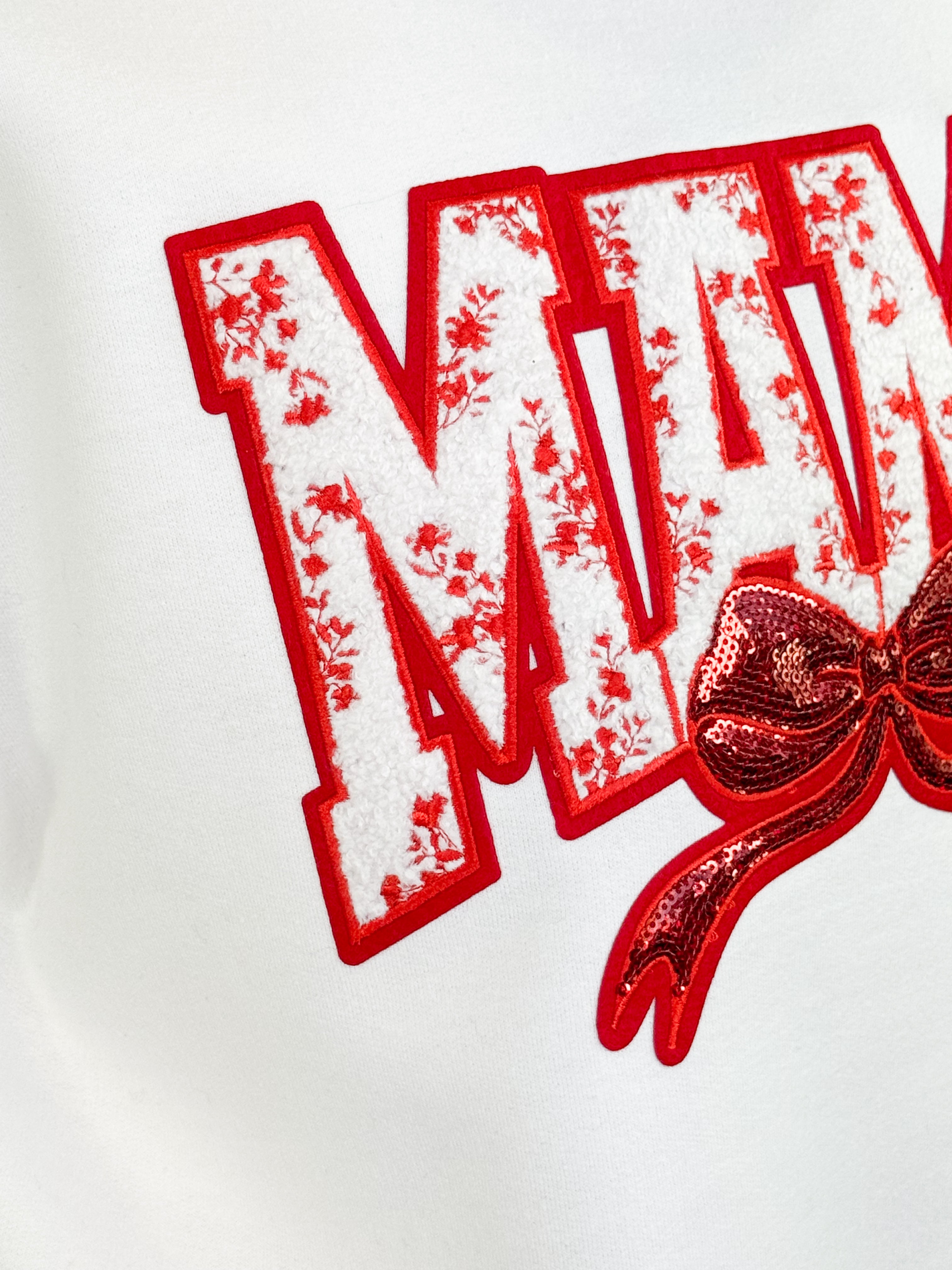 MAMA Red Floral Patch w/ Bow Graphic Sweatshirt (White)