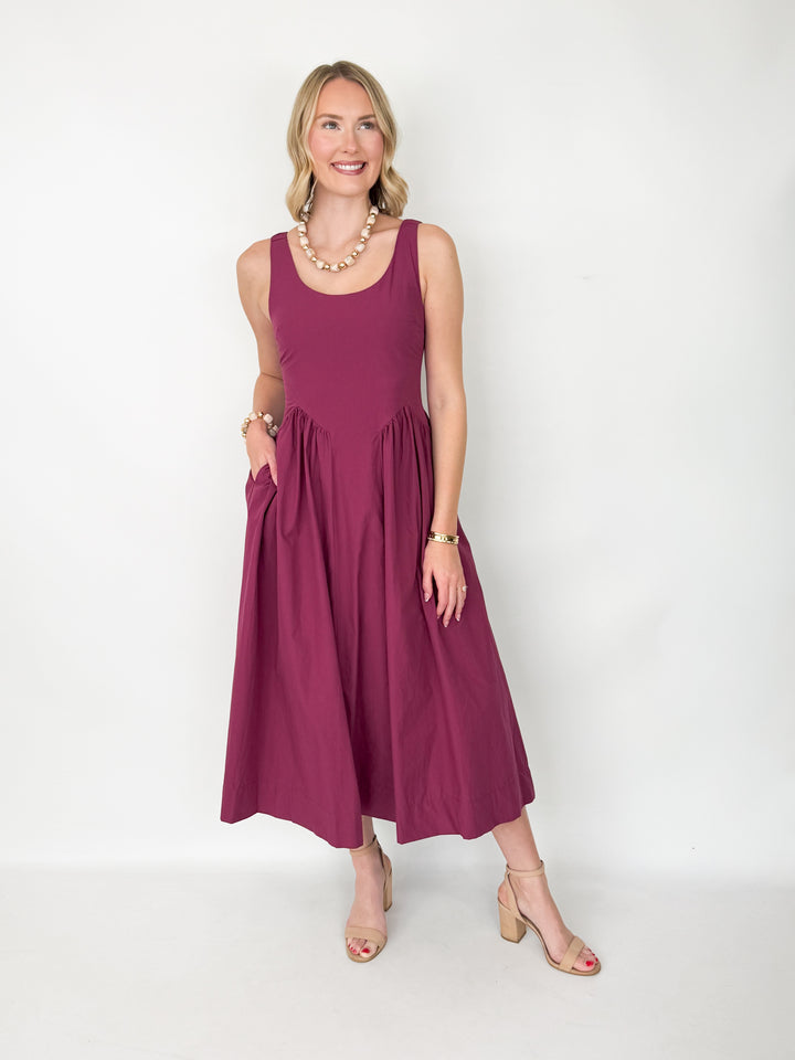 Daphne - Maroon Poplin Midi Dress