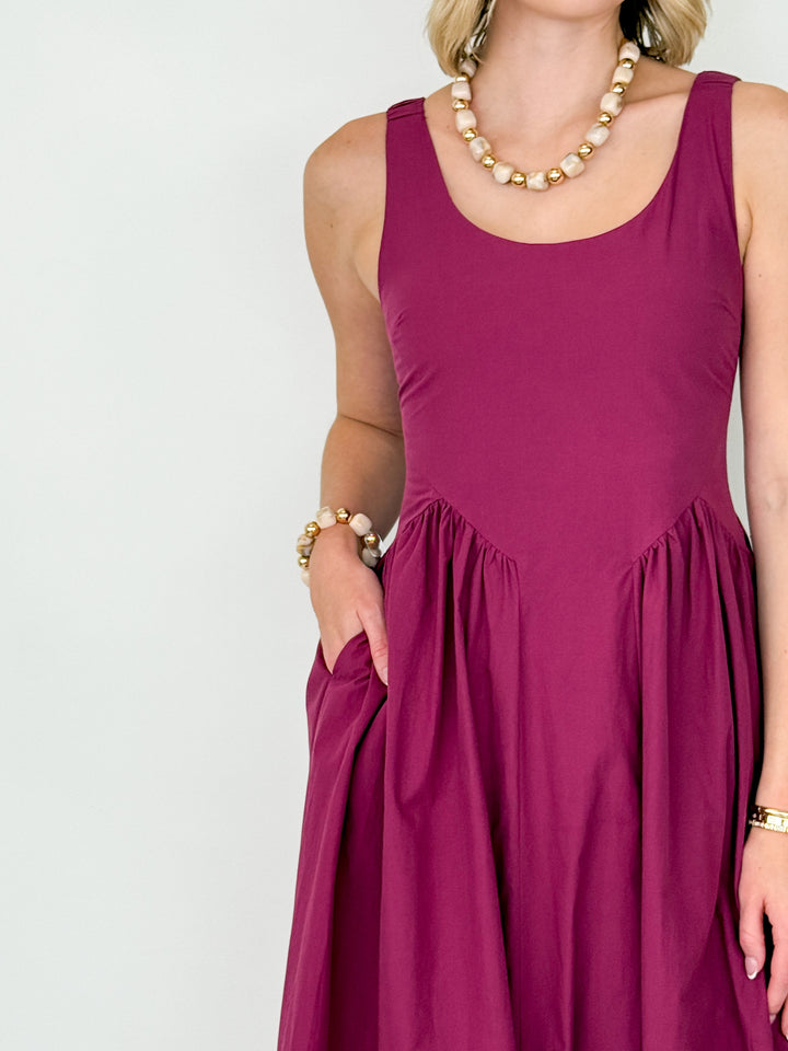 Daphne - Maroon Poplin Midi Dress