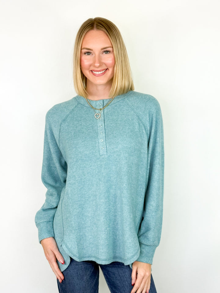 Britt - Brushed Henley Long Sleeve Top (Dusty Teal)