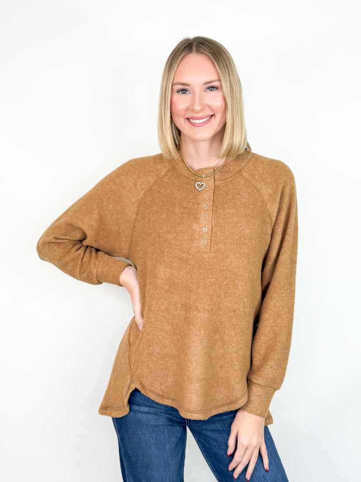 Britt - Brushed Henley Long Sleeve Top (Deep Camel)