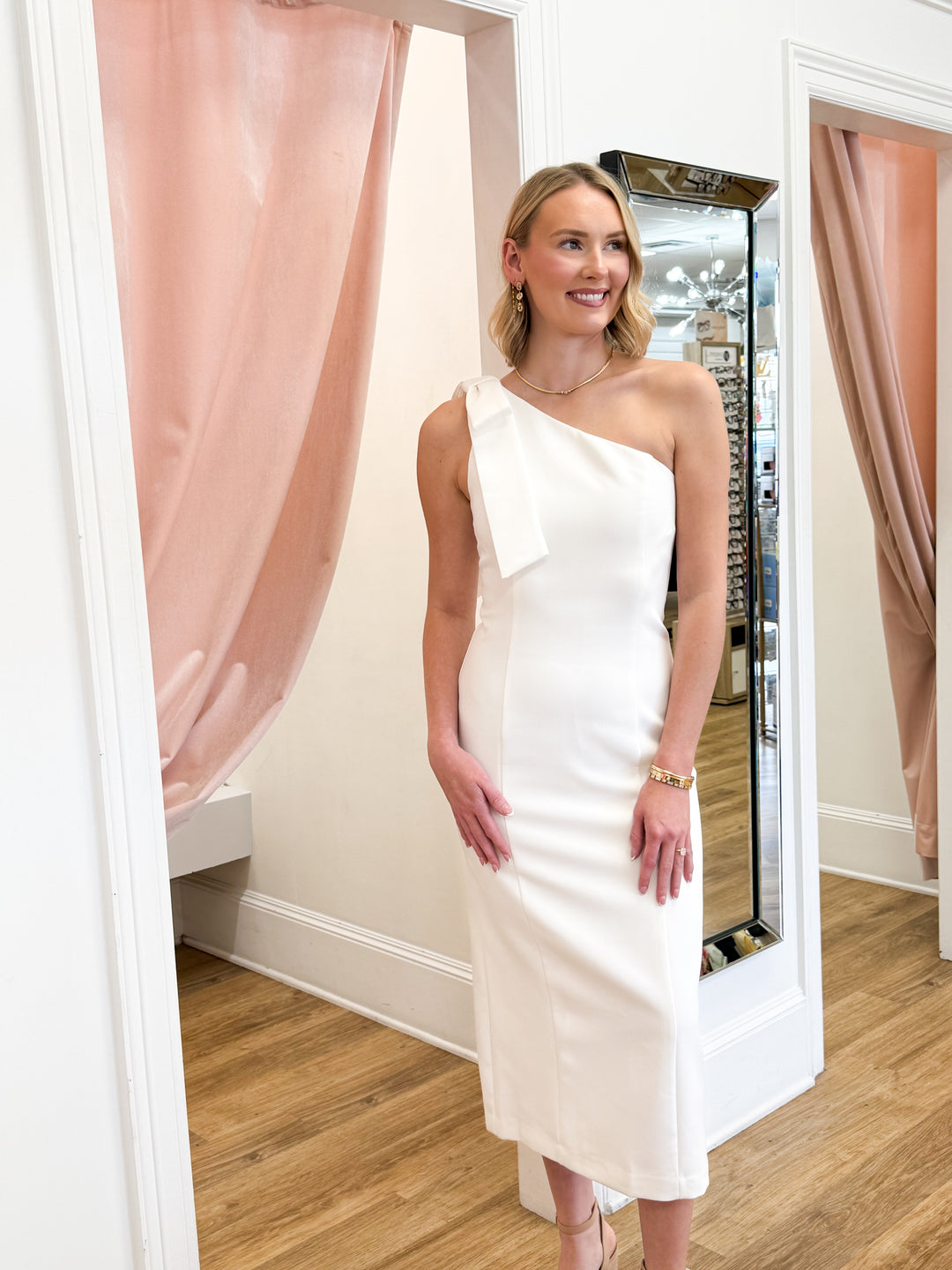 Elizabeth - One Shoulder Bow Accent Midi Dress