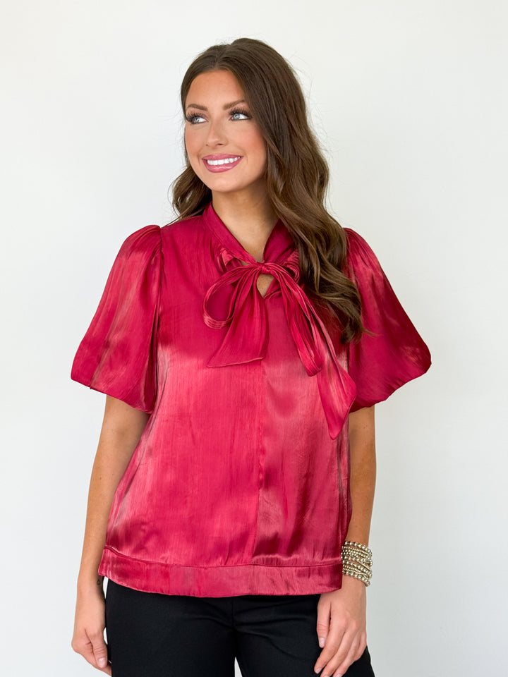Lauryn - Puff Sleeve Bow Top (Red)