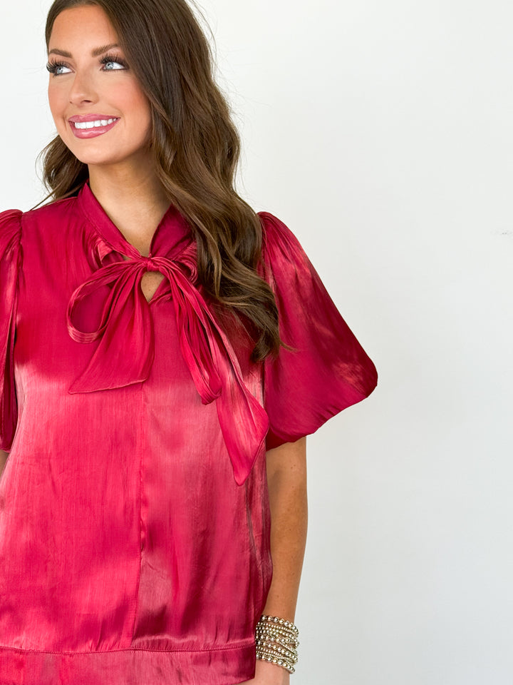 Lauryn - Puff Sleeve Bow Top (Red)
