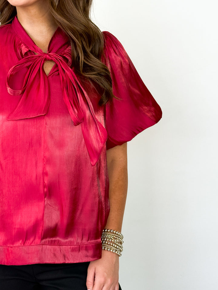 Lauryn - Puff Sleeve Bow Top (Red)