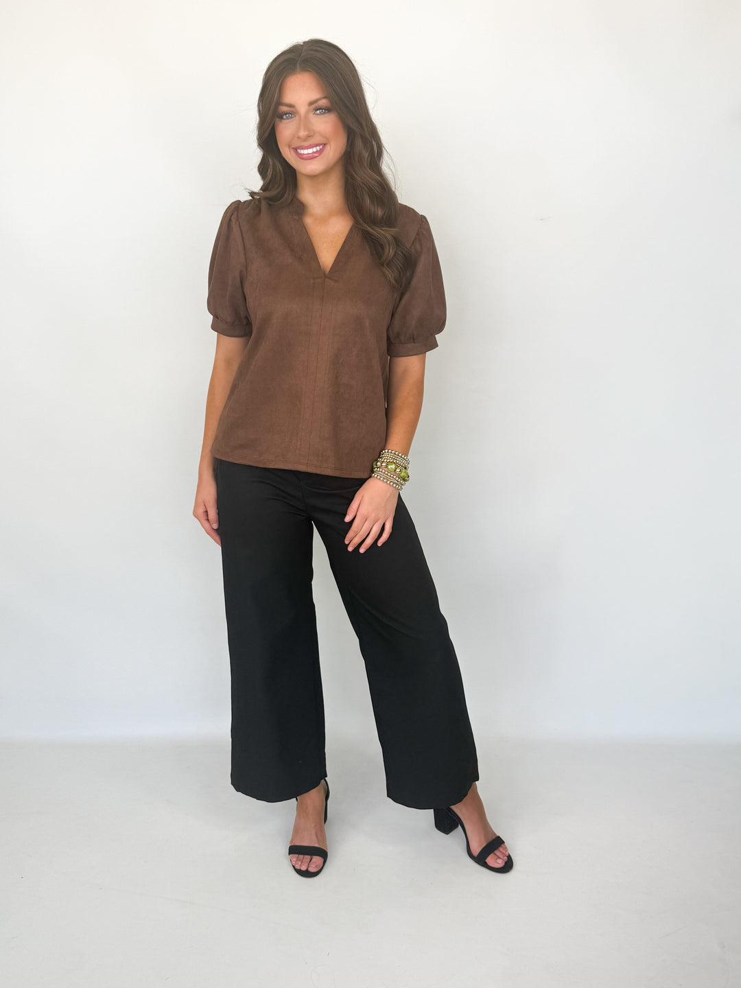 Blythe - Suede V-Neck Blouse (Brown)