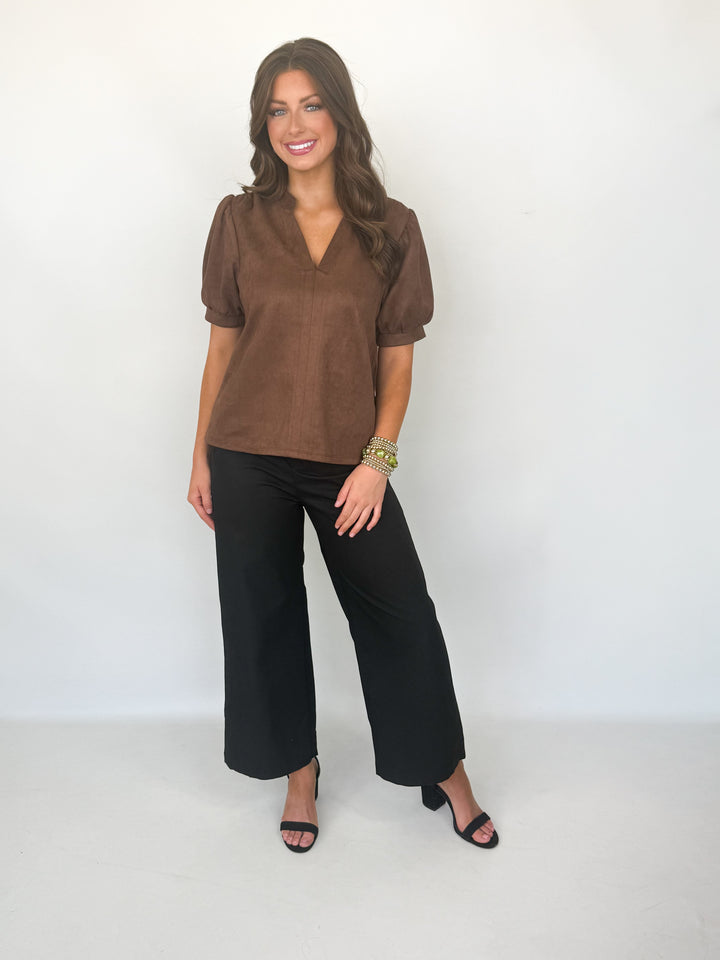 Blythe - Suede V-Neck Blouse (Brown)