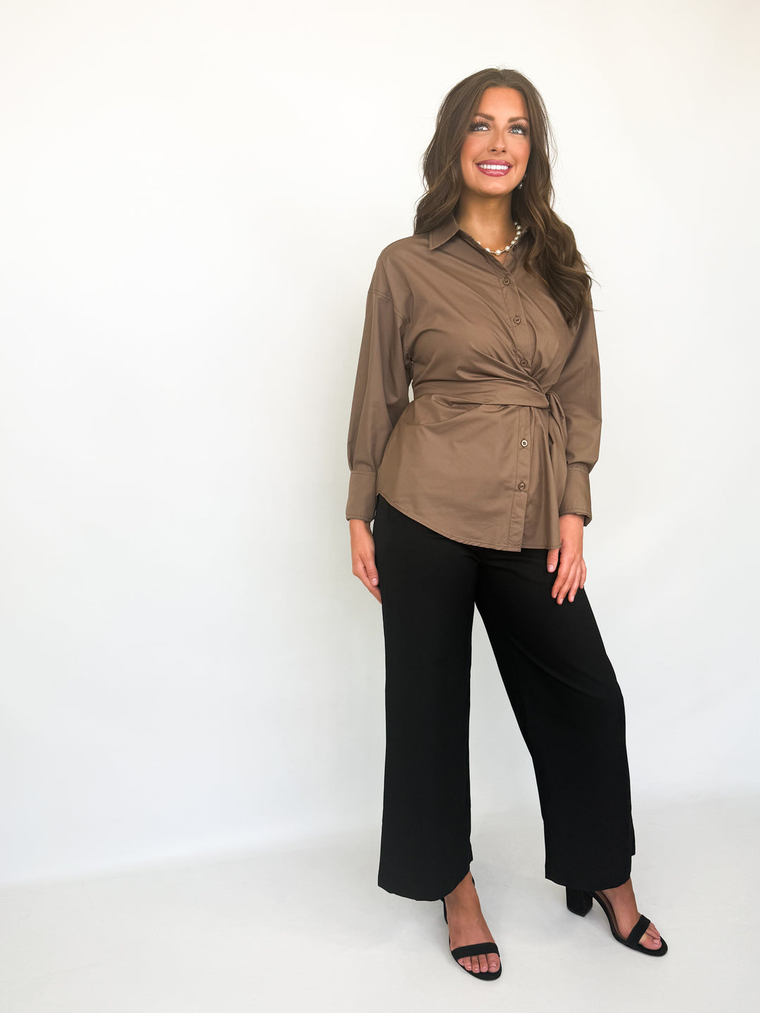 Penelope - Brown Surplice Side Tie Blouse