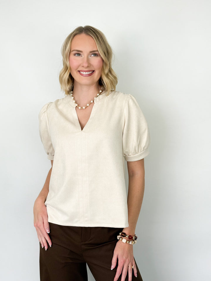 Blythe - Suede V-Neck Blouse (Cream)
