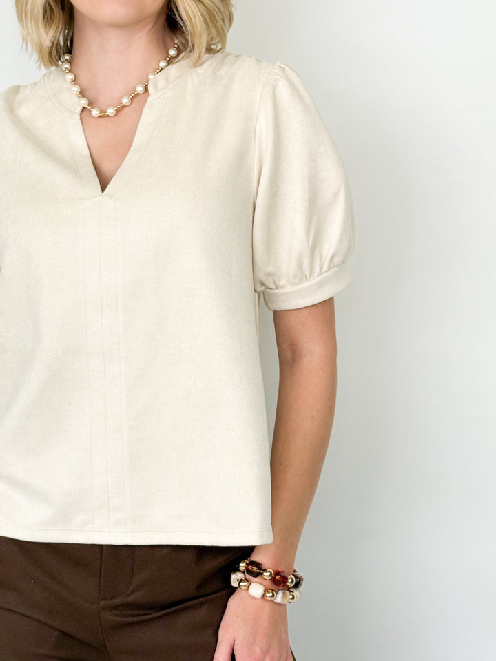 Blythe - Suede V-Neck Blouse (Cream)