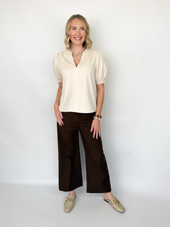 Blythe - Suede V-Neck Blouse (Cream)
