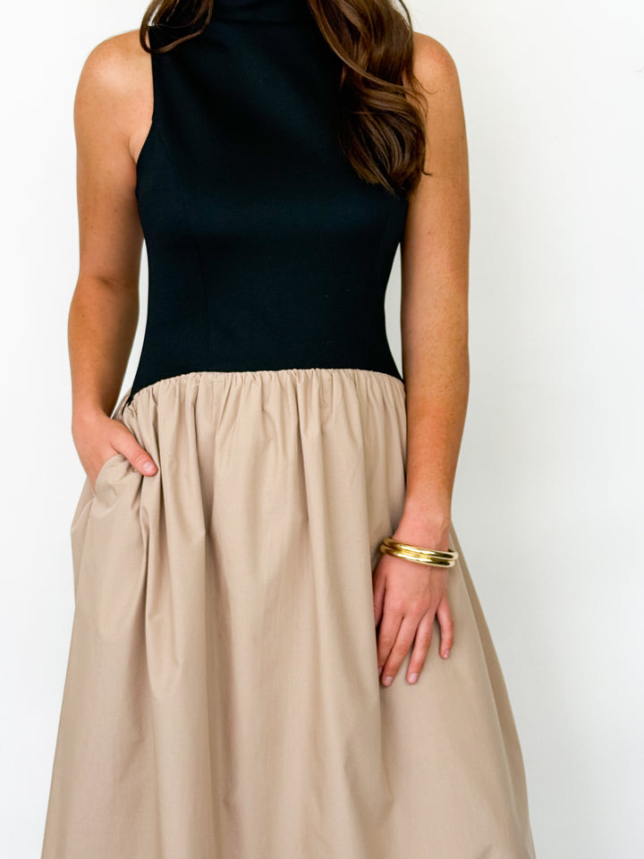 Kalli - Black + Tan Colorblock Midi Dress