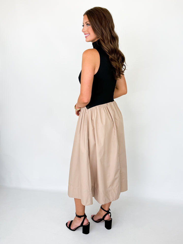 Kalli - Black + Tan Colorblock Midi Dress