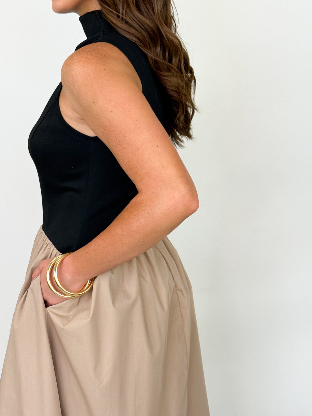 Kalli - Black + Tan Colorblock Midi Dress