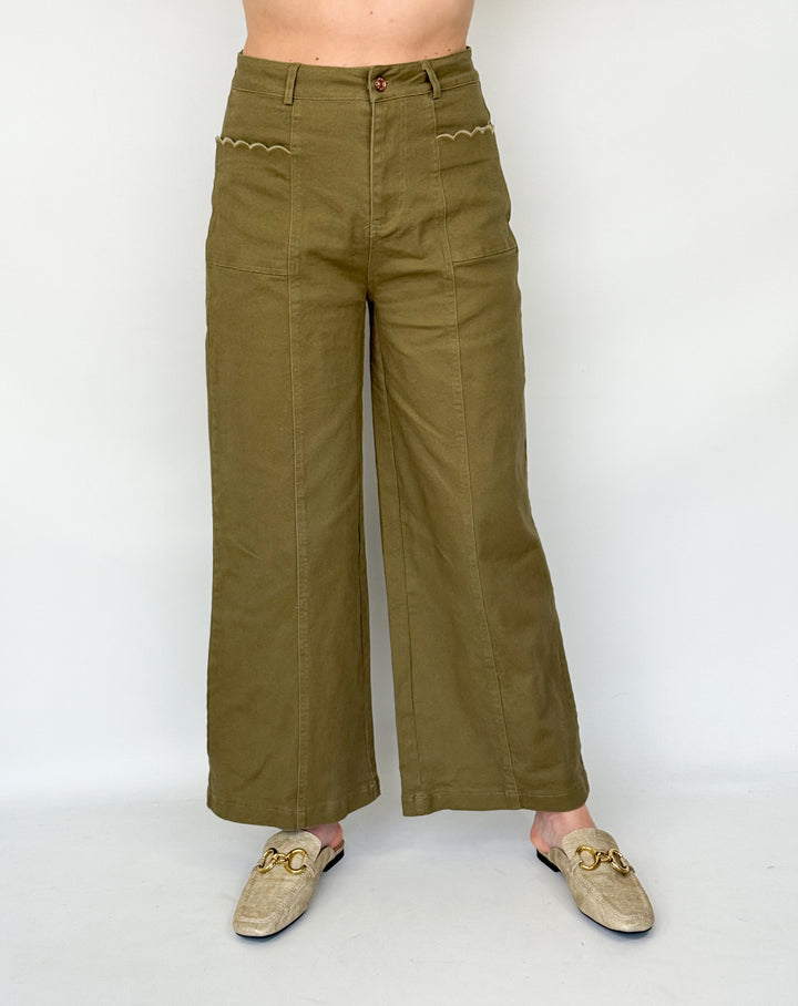 Nola - Olive Scalloped Pocket Pants