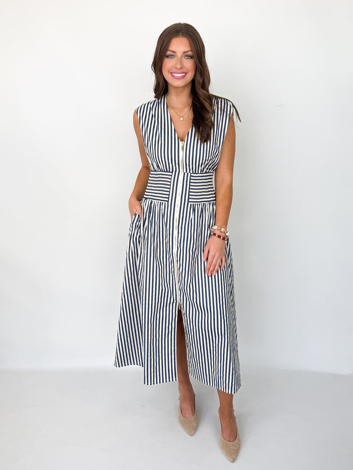Saige - Navy Striped Sleeveless Zip Front Midi Dress