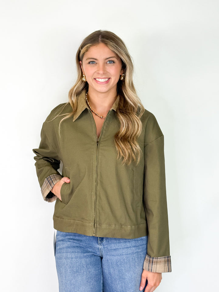 Jules - Plaid Cuff Cavas Zip Up Jacket