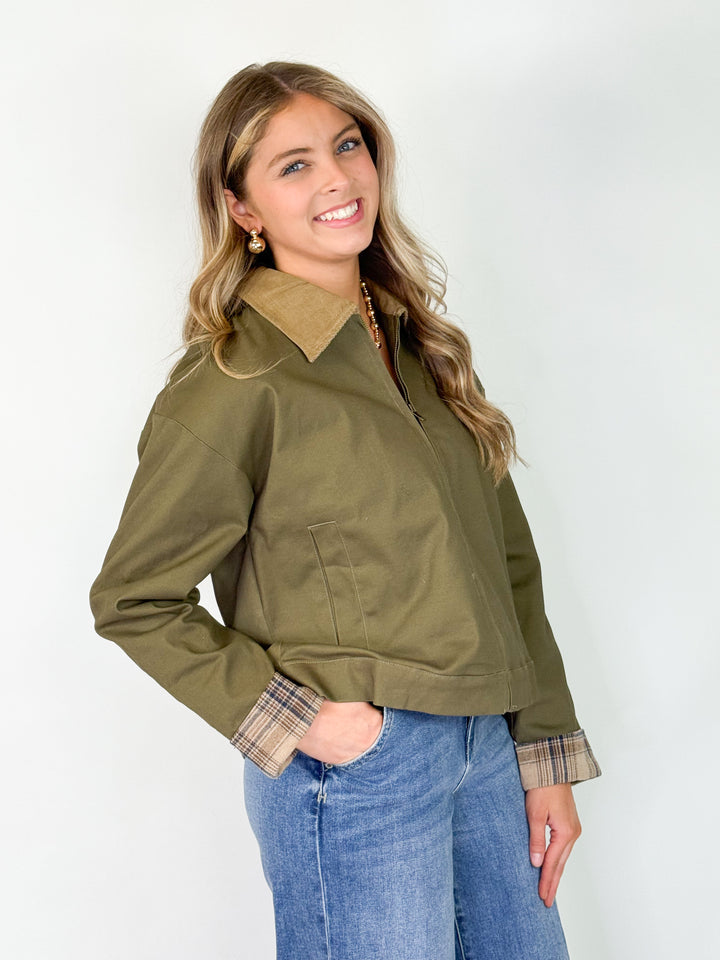 Jules - Plaid Cuff Cavas Zip Up Jacket