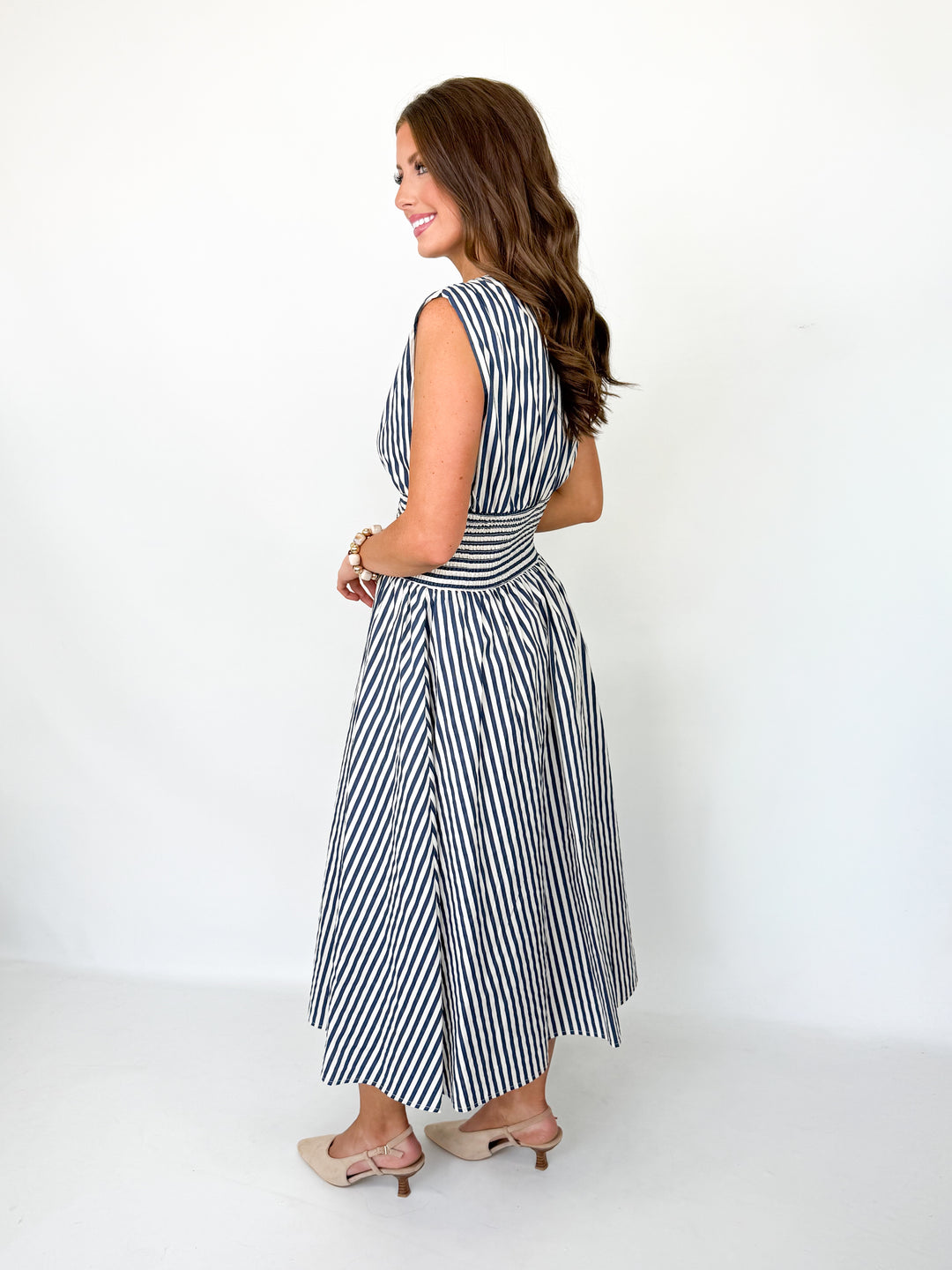 Saige - Navy Striped Sleeveless Zip Front Midi Dress