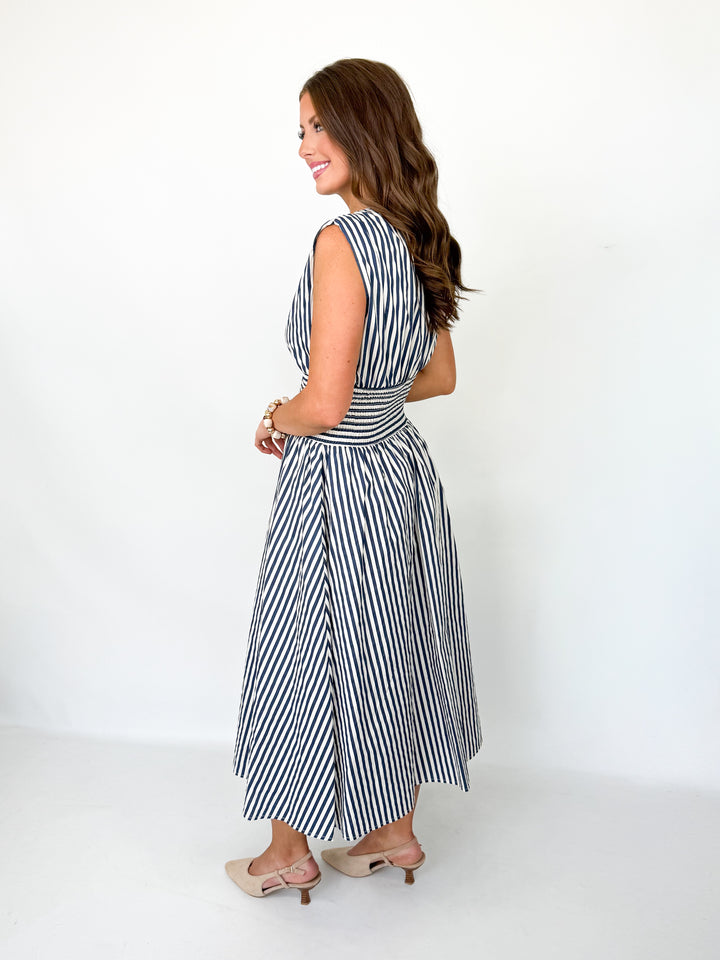 Saige - Navy Striped Sleeveless Zip Front Midi Dress