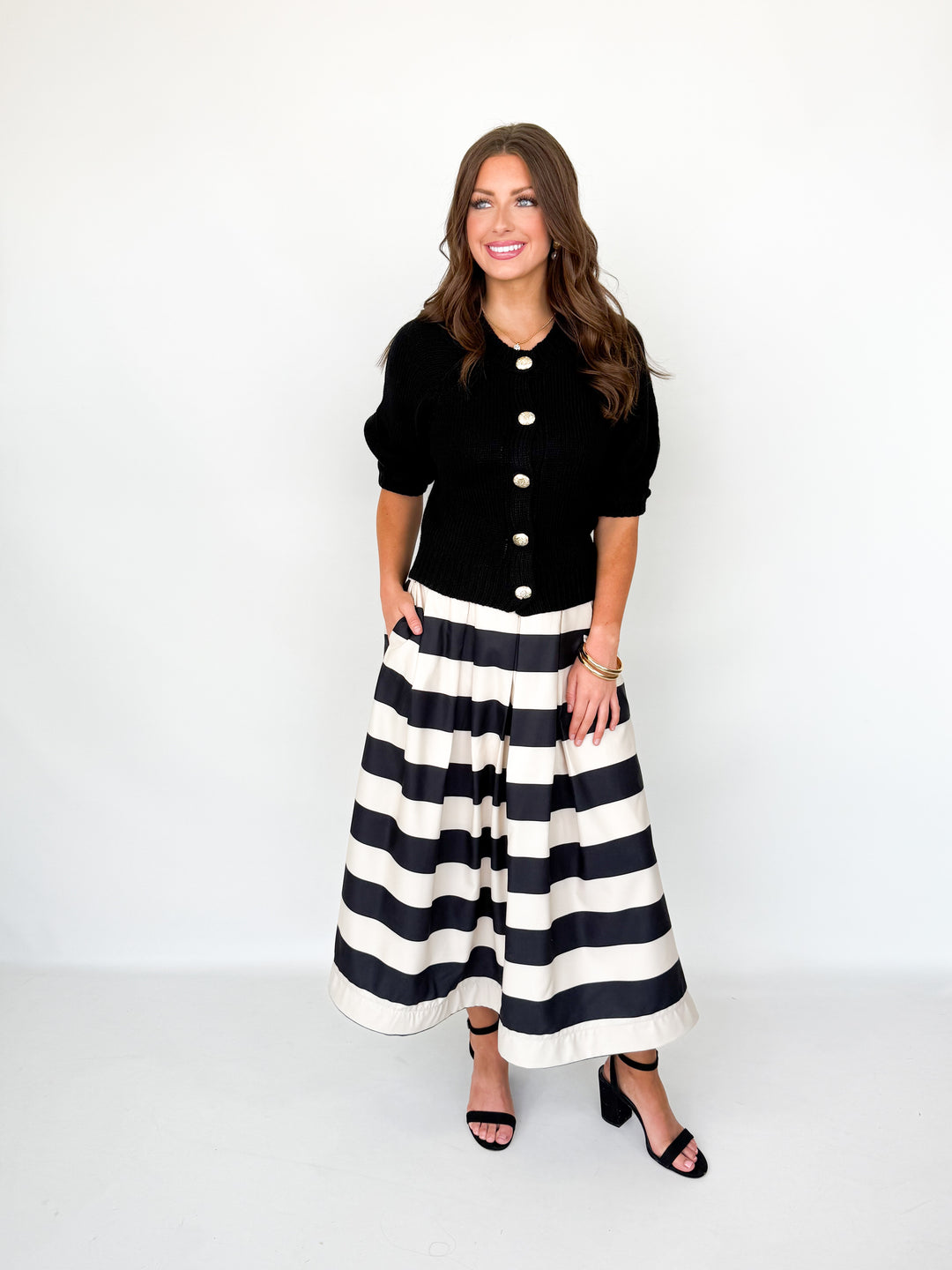 Carrie - Pleated Striped Midi Skirt