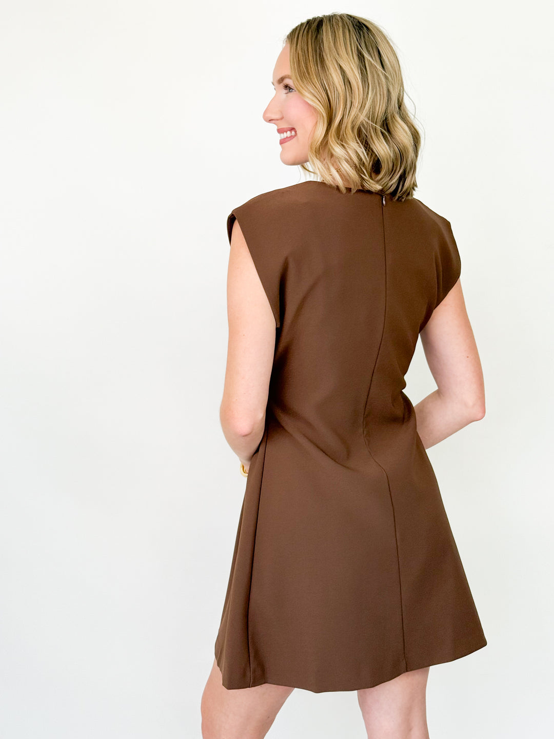 Dina - Pleated Waist Mini Dress (Brown)