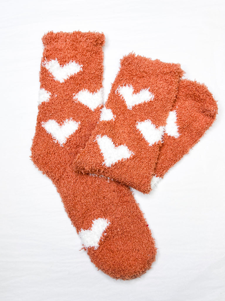 Fuzzy Heart Socks - Rust