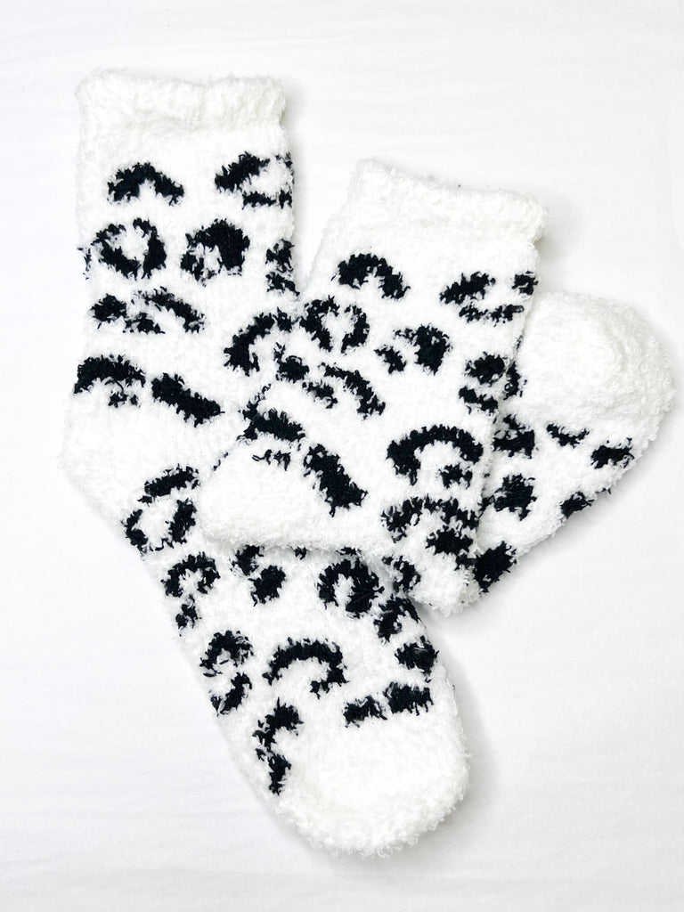 Fuzzy Leopard Socks - White & Black