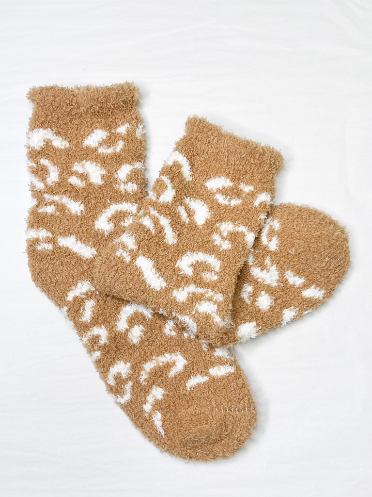 Fuzzy Leopard Socks - Mustard & White