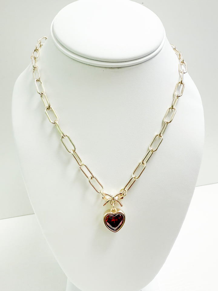 Carys - Gold Chain Rhinestone Heart Necklace (Red)