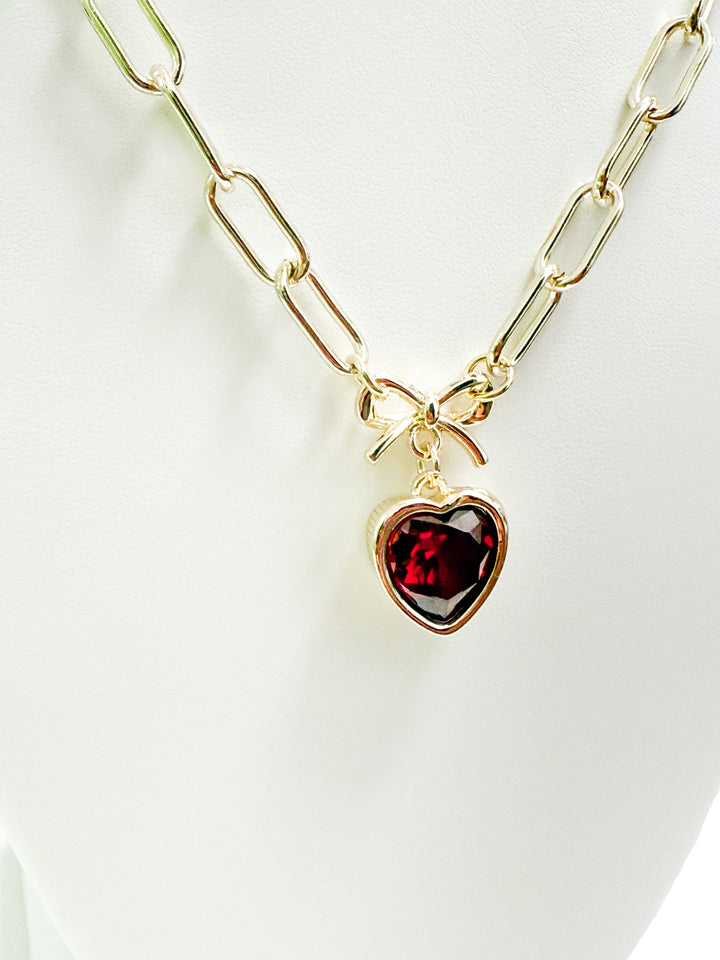 Carys - Gold Chain Rhinestone Heart Necklace (Red)