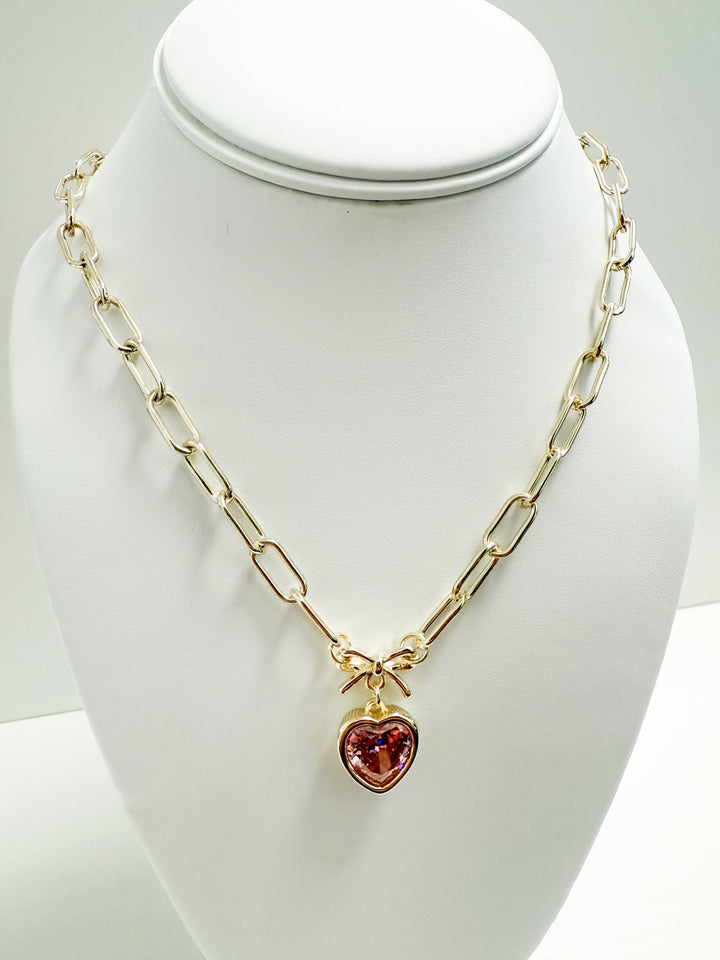 Carys - Gold Chain Rhinestone Heart Necklace (Pink)