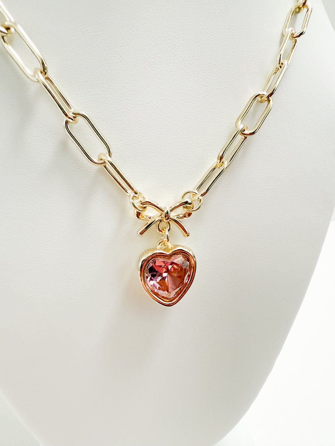 Carys - Gold Chain Rhinestone Heart Necklace (Pink)