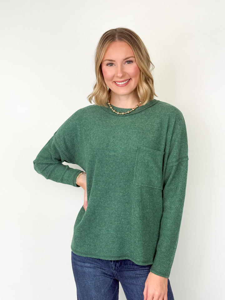 Sarah - Ribbed Brushed Top (Dark Green)