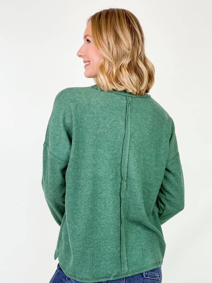 Sarah - Ribbed Brushed Top (Dark Green)