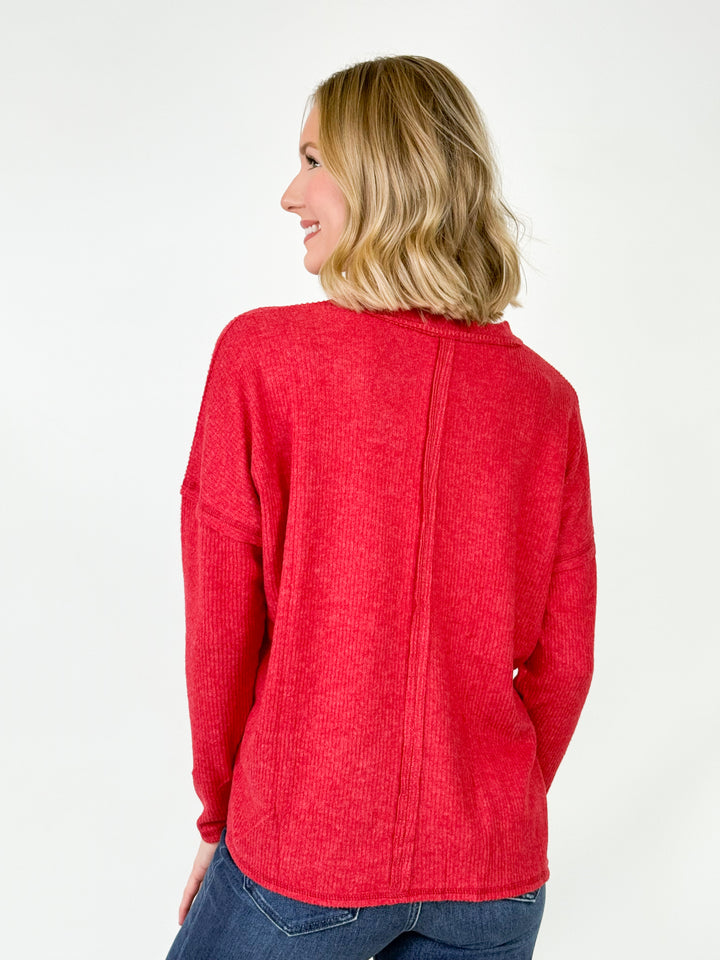 Sarah - Ribbed Brushed Top (Dark Red)