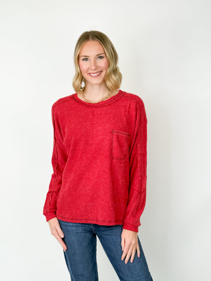 Sarah - Ribbed Brushed Top (Dark Red)